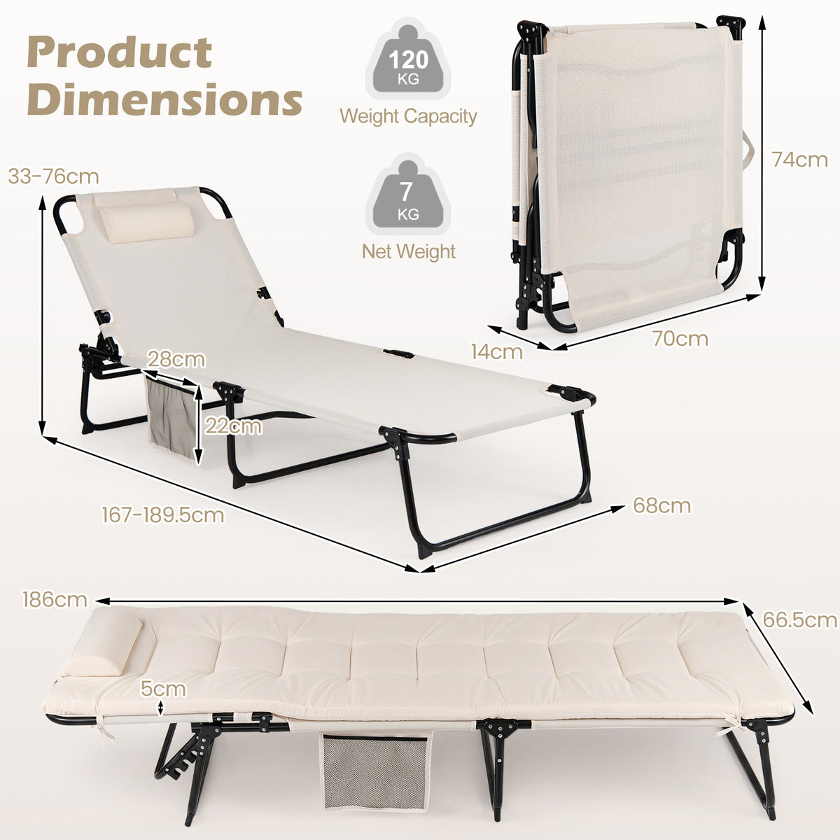 Folding Sun Lounger Foldable Beach Sun Lounger with 4-Position Adjustable Backrest-Beige