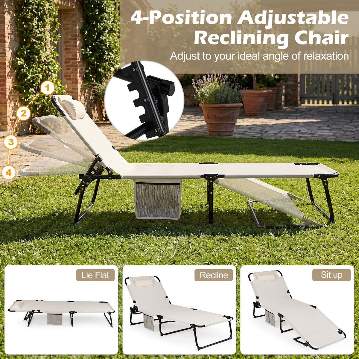 Folding Sun Lounger Foldable Beach Sun Lounger with 4-Position Adjustable Backrest-Beige