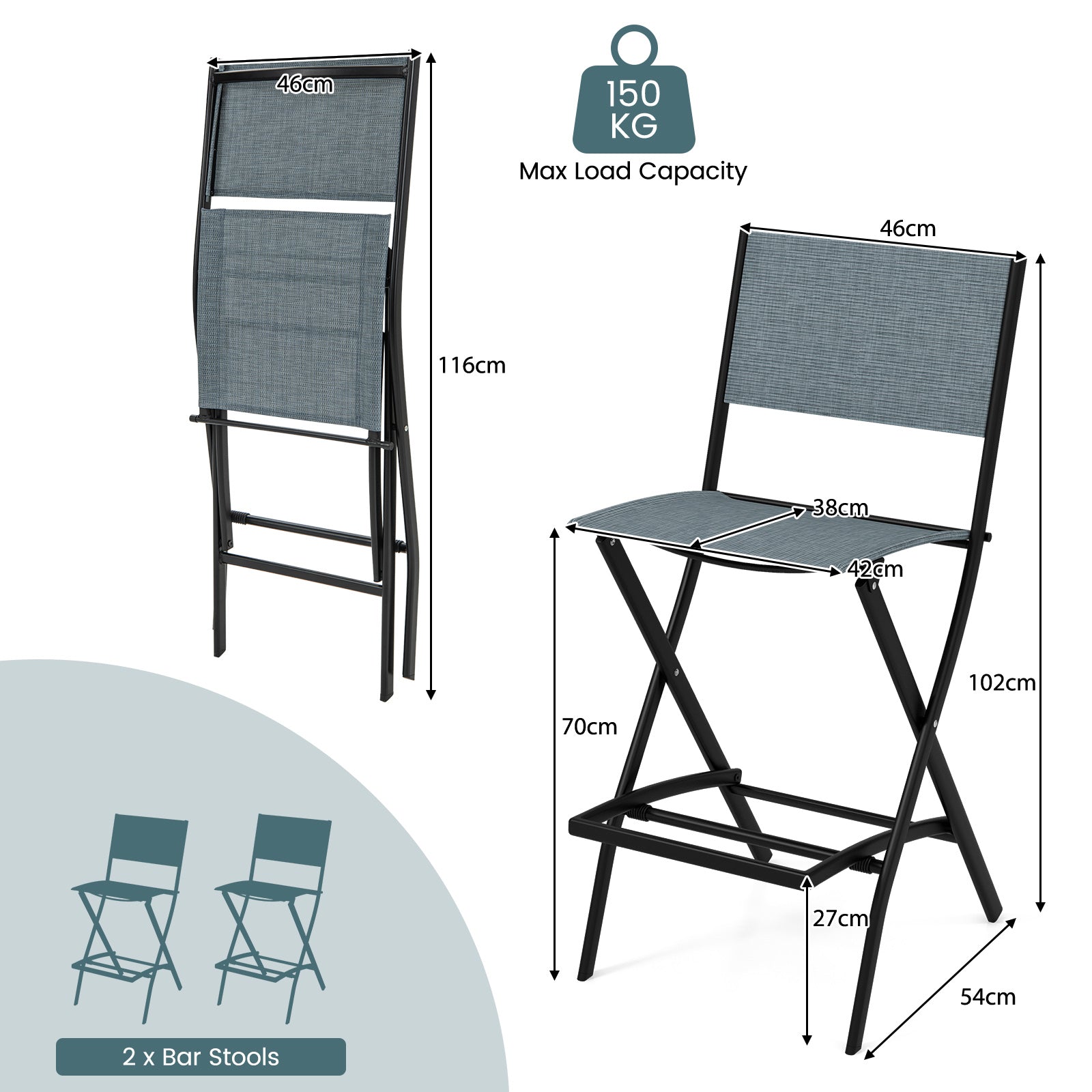 Folding Bar Height Stool with Metal Frame and Footrest-Blue