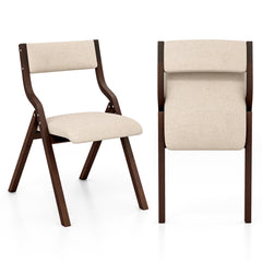 Folding Dining Chair Set of 2 with Solid Wood Frame and Padded Seat-Beige