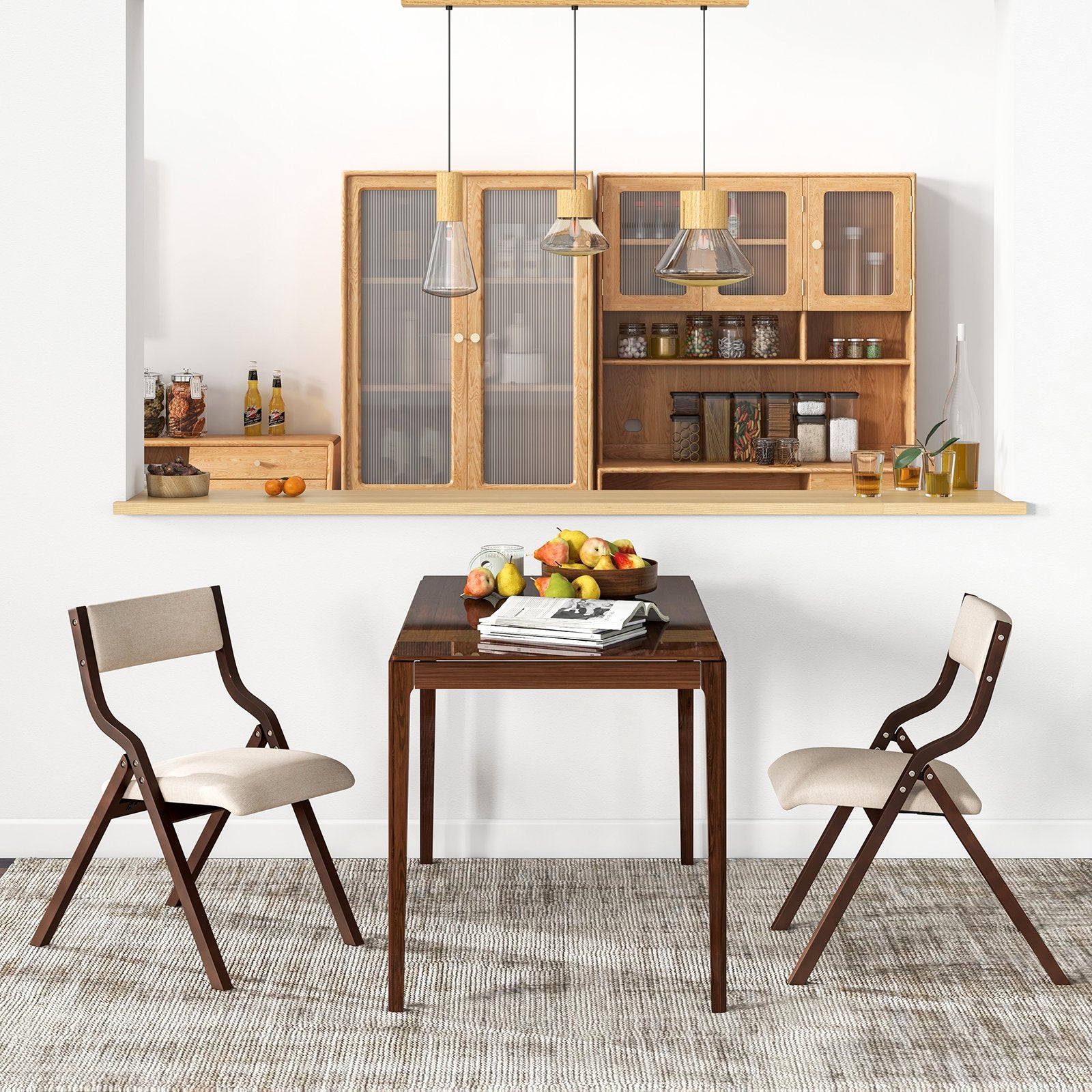 Folding Dining Chair Set of 2 with Solid Wood Frame and Padded Seat-Beige