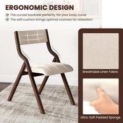 Folding Dining Chair Set of 2 with Solid Wood Frame and Padded Seat-Beige