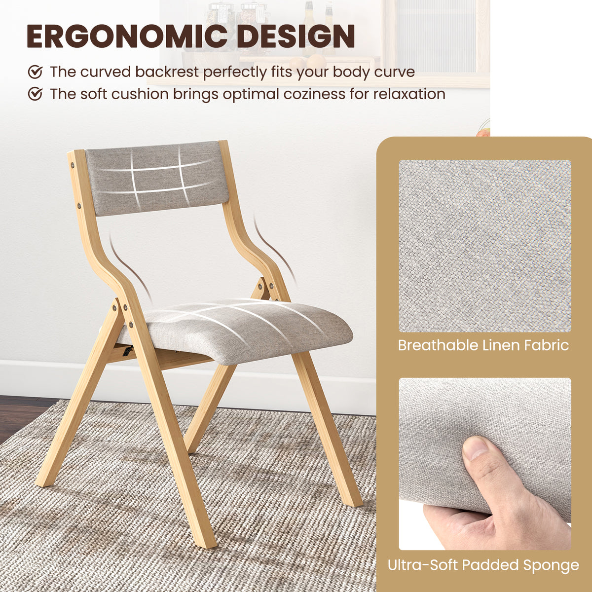 Folding Dining Chair Set of 2 with Solid Wood Frame and Padded Seat-Grey