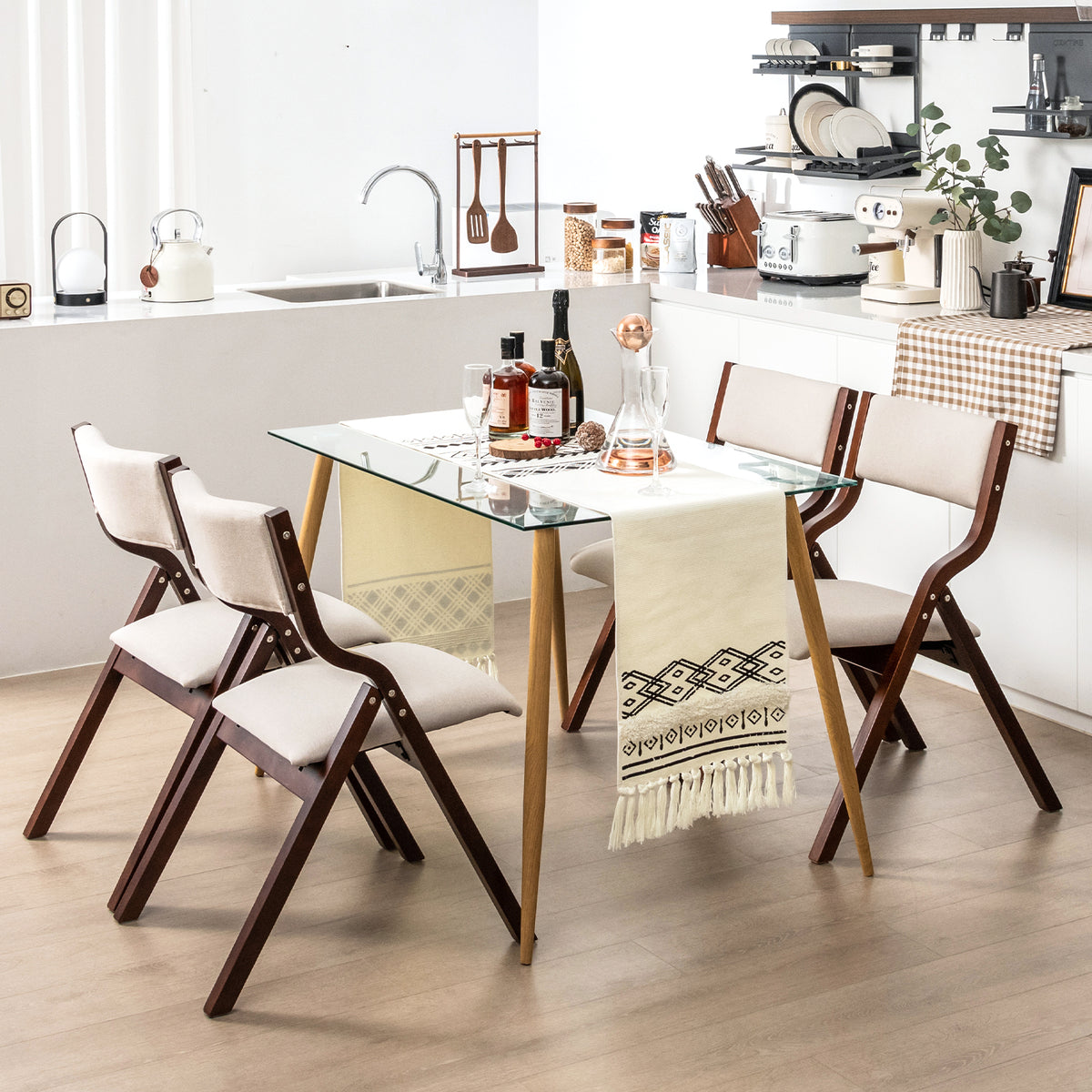 Folding Dining Chair Set of 2 with Solid Wood Frame and Padded Seat-Beige