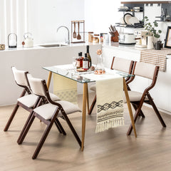 Folding Dining Chair Set of 2 with Solid Wood Frame and Padded Seat-Beige