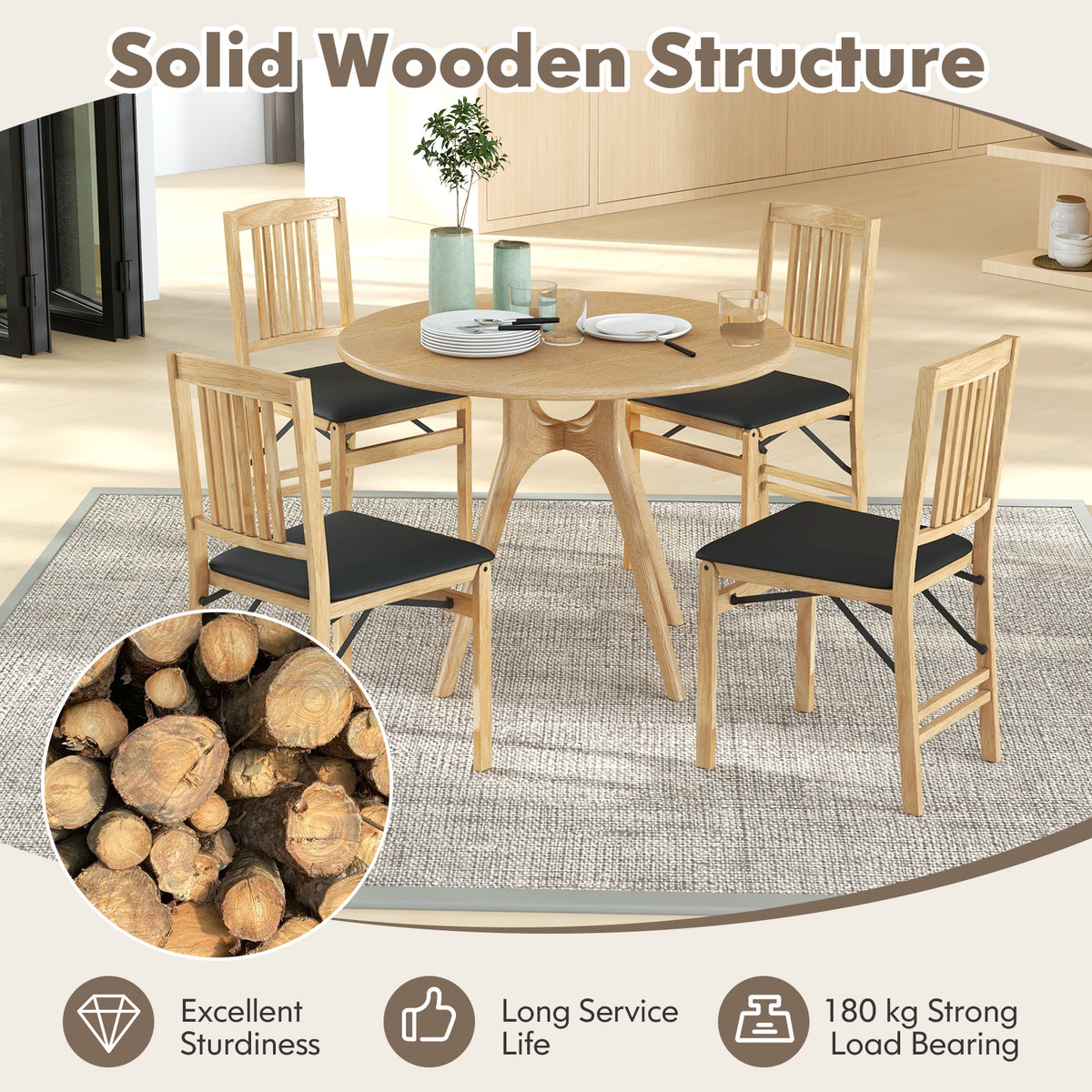 Folding Dining Chairs Set of 2 Upholstered Kitchen Chairs with Padded Seat-Black