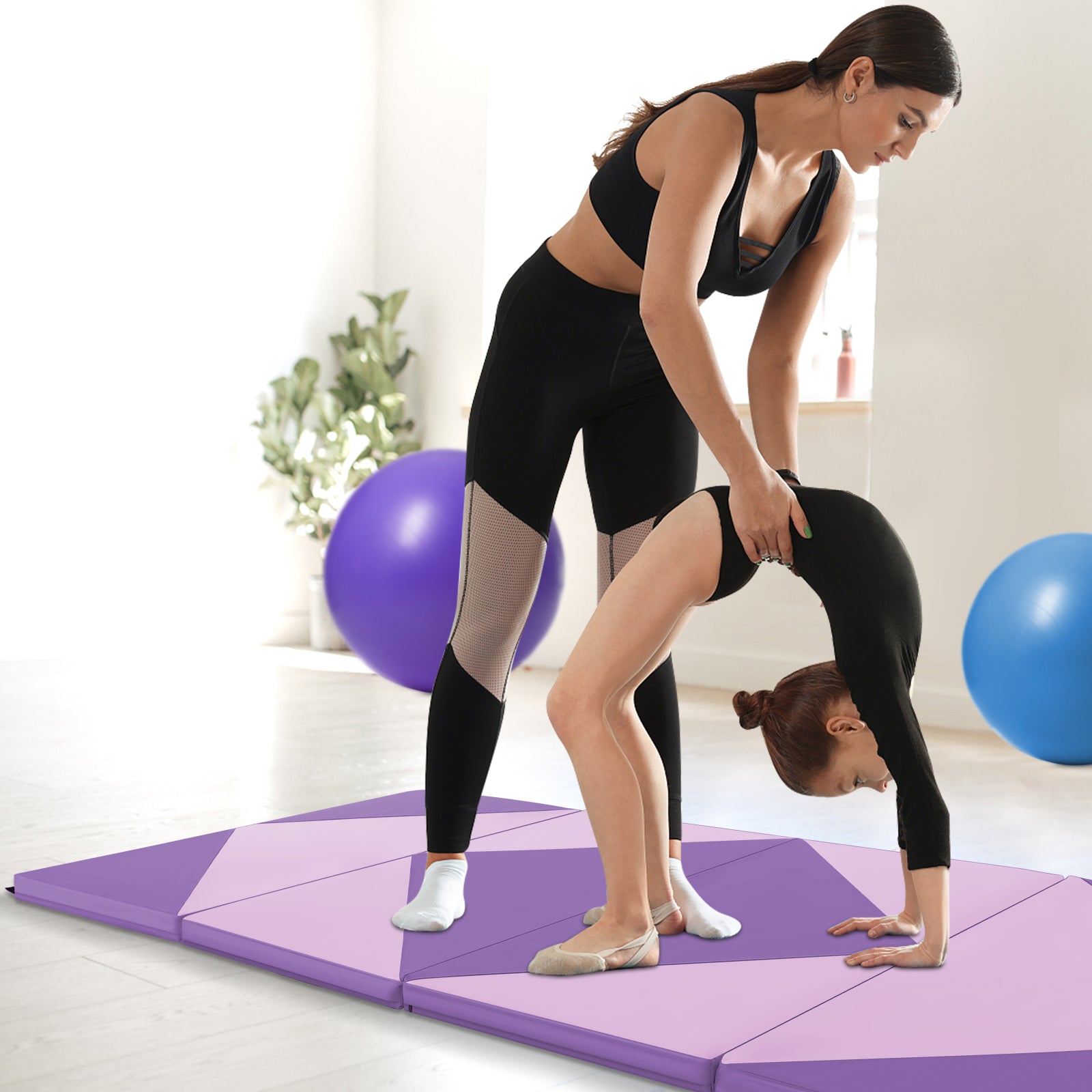 240cm PU Leather Folding Gymnastics Mat-Pink &amp;amp;amp; Purple