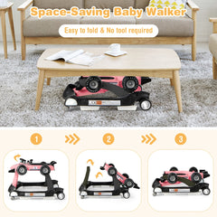 The baby walker folded flat under a coffee table with three steps showing how to collapse the frame