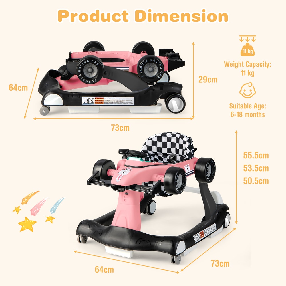 The baby walker displayed with arrows indicating height and width measurements for the frame