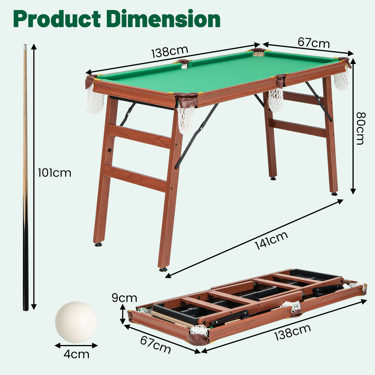 Folding Billiards Table Set with Foldable Legs and Adjustable Foot Levelers