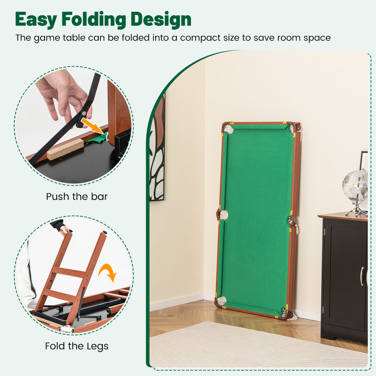 Folding Billiards Table Set with Foldable Legs and Adjustable Foot Levelers