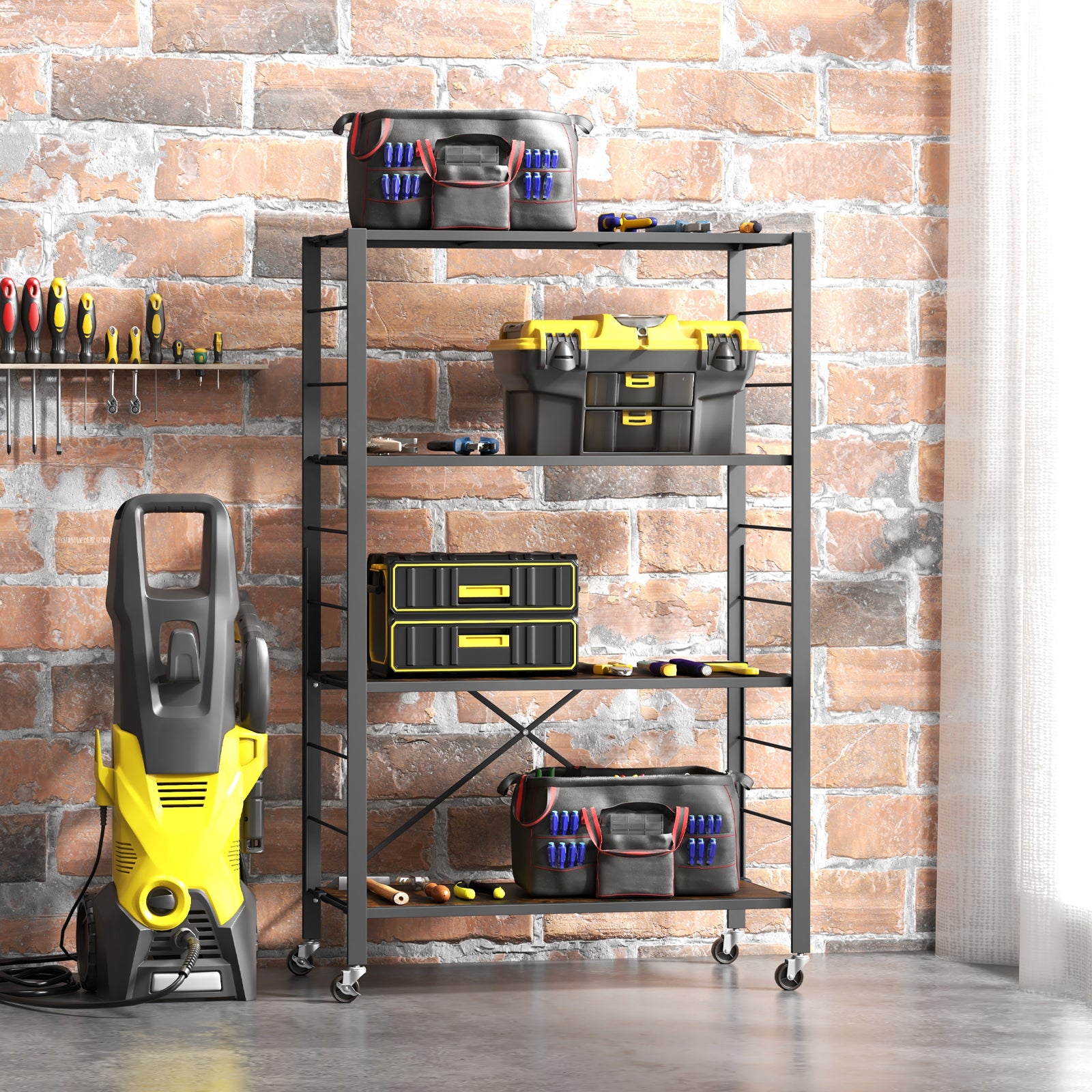 4-Tier Folding Storage Rack Metal Shelf Organizer with Wheels-Black