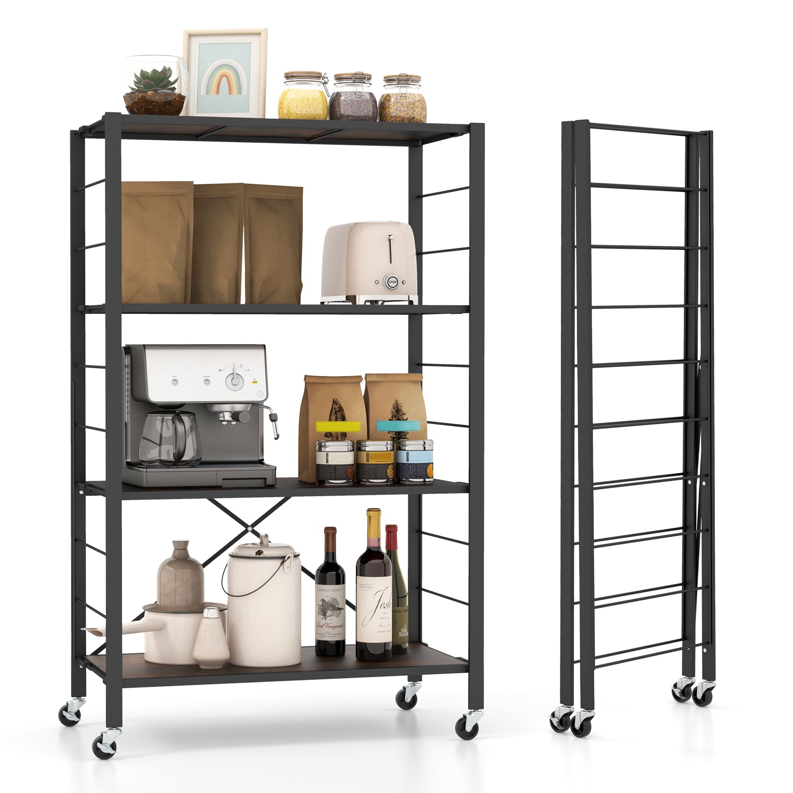 4-Tier Folding Storage Rack Metal Shelf Organizer with Wheels-Black