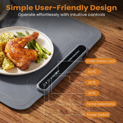Food Warming Mat with 3 Temperature Settings for Kitchen Appliances-Grey