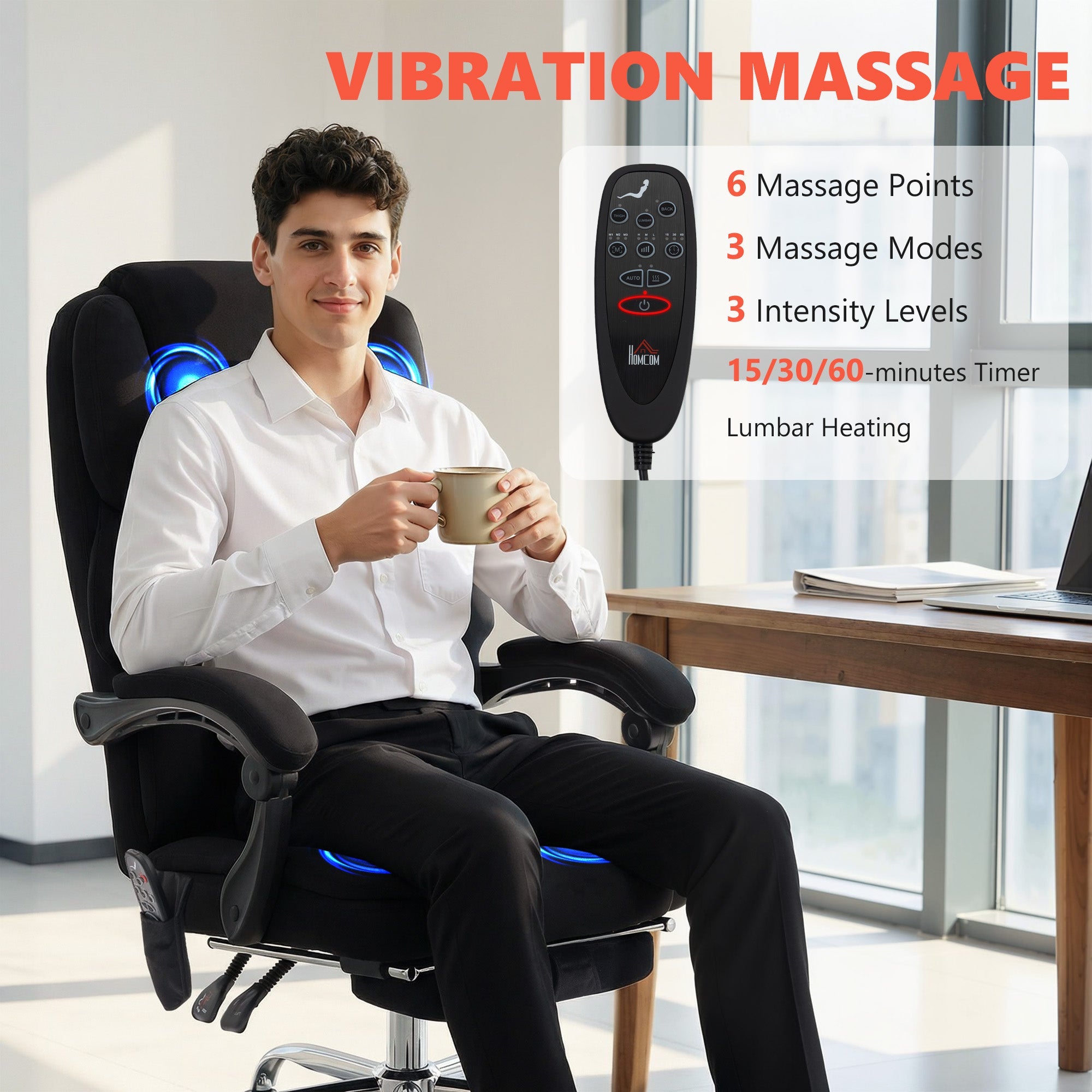 HOMCOM Office Chair with 6-point Vibration Massage and Heat, Fabric Desk Chair with Footrest, High Back, Black