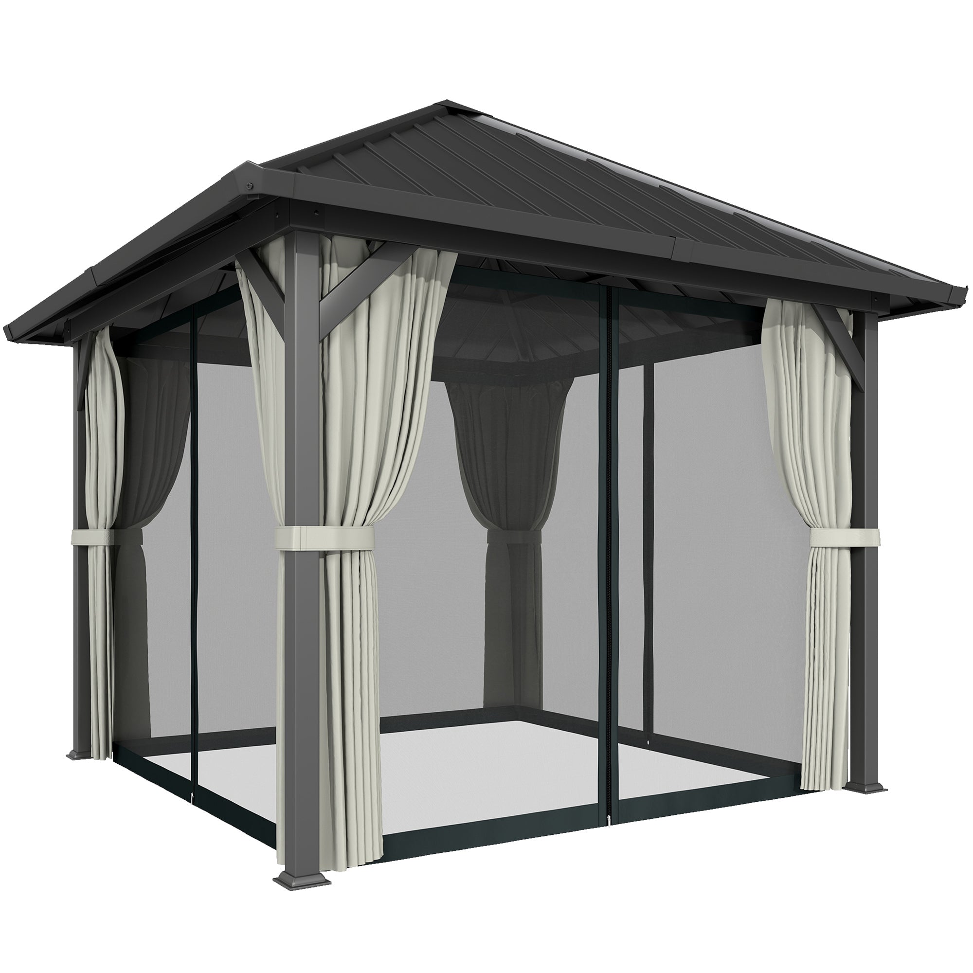 Outsunny 3 x 3(m) Hardtop Gazebo with Galvanised Steel Roof and Water Gutter, Waterproof Permanent Pavilion Garden Gazebo with Netting and Curtains for Patio, Deck, Black