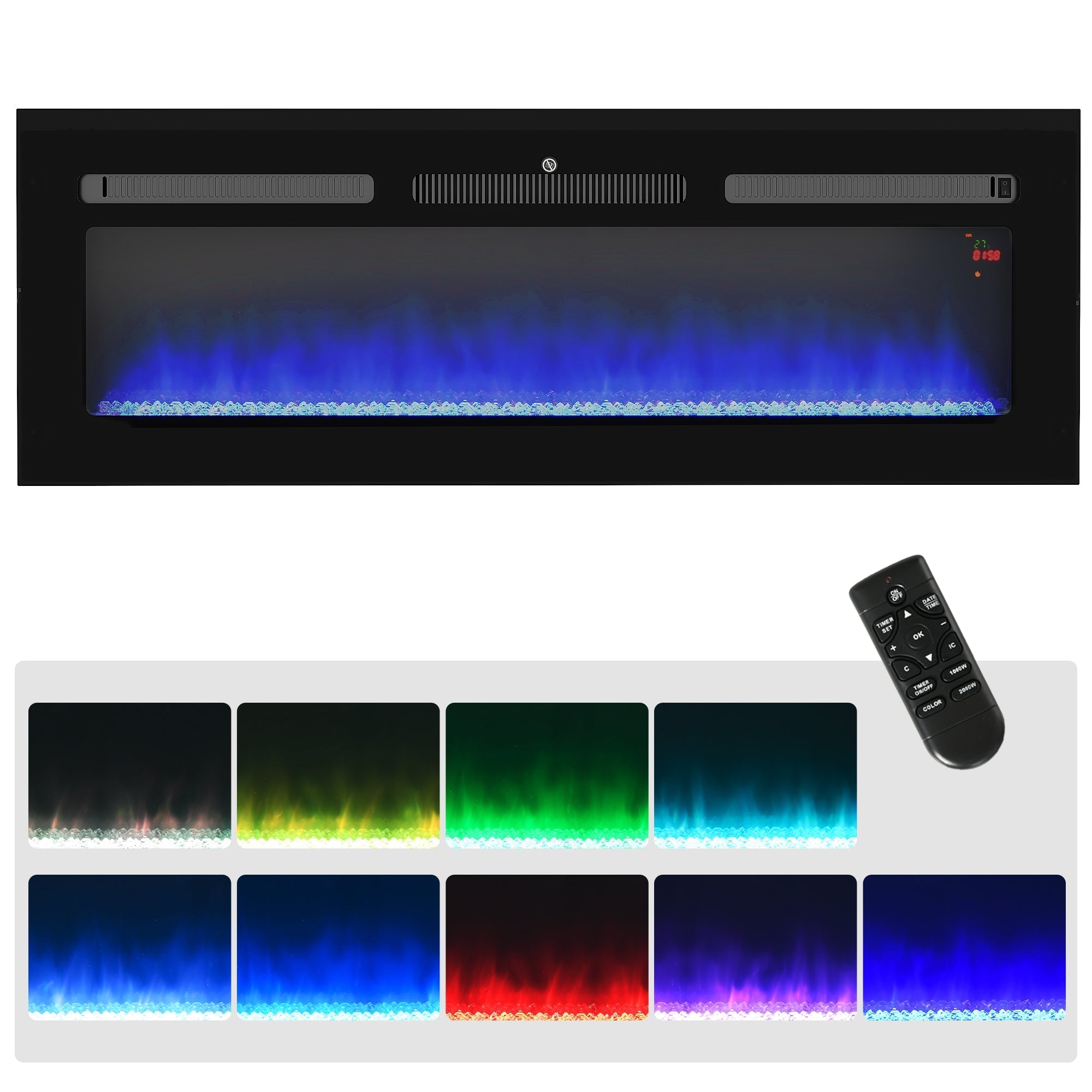 HOMCOM 127cm/50" Electric Fireplace, 2000W Recessed and Wall Mounted Electric Fire with Remote Control, 9 Flame Colour and Crystal, Black