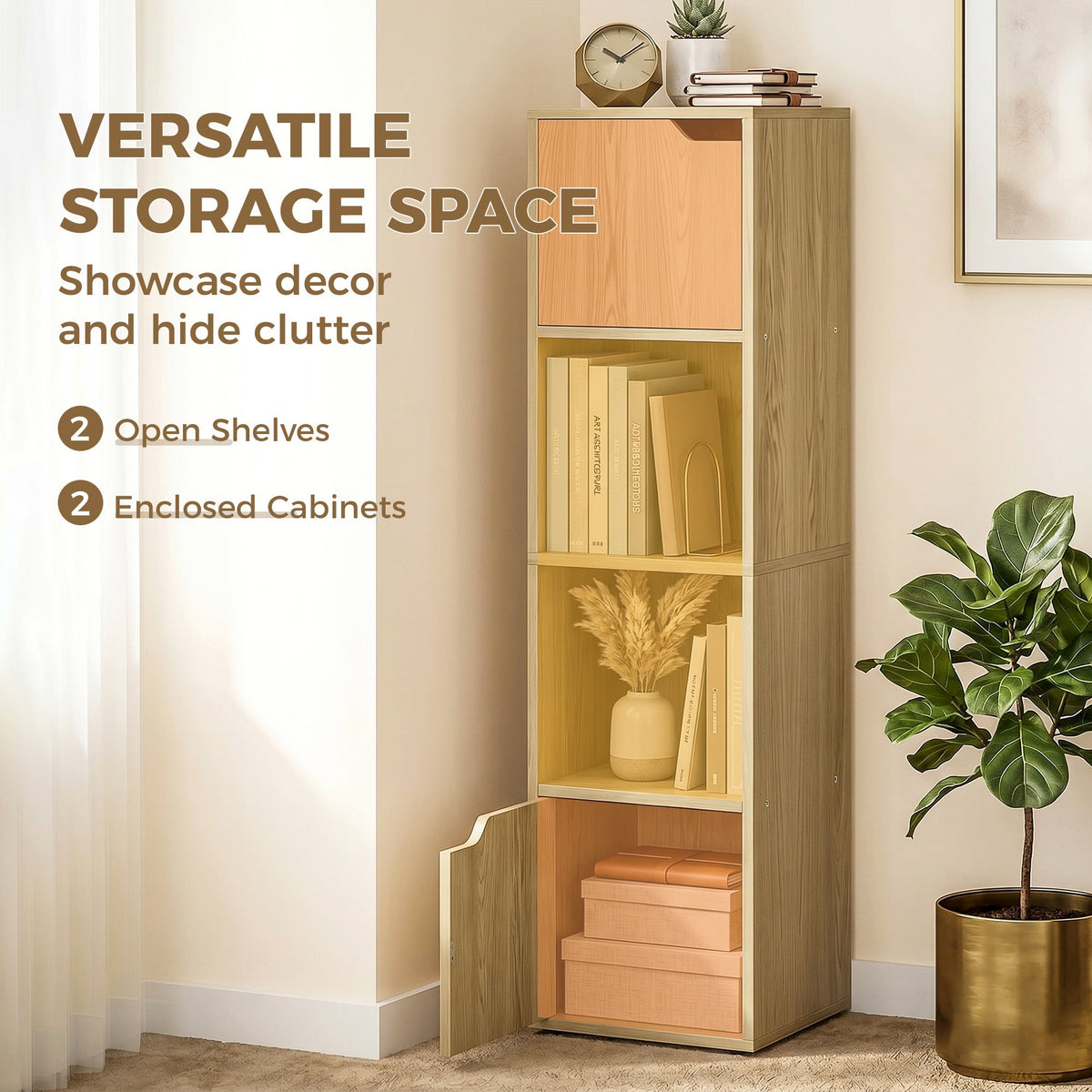 HOMCOM Narrow Bookcase, 4-Tier Bookshelf, Storage Cabinet with doors for Living Room, Bedroom, Oak