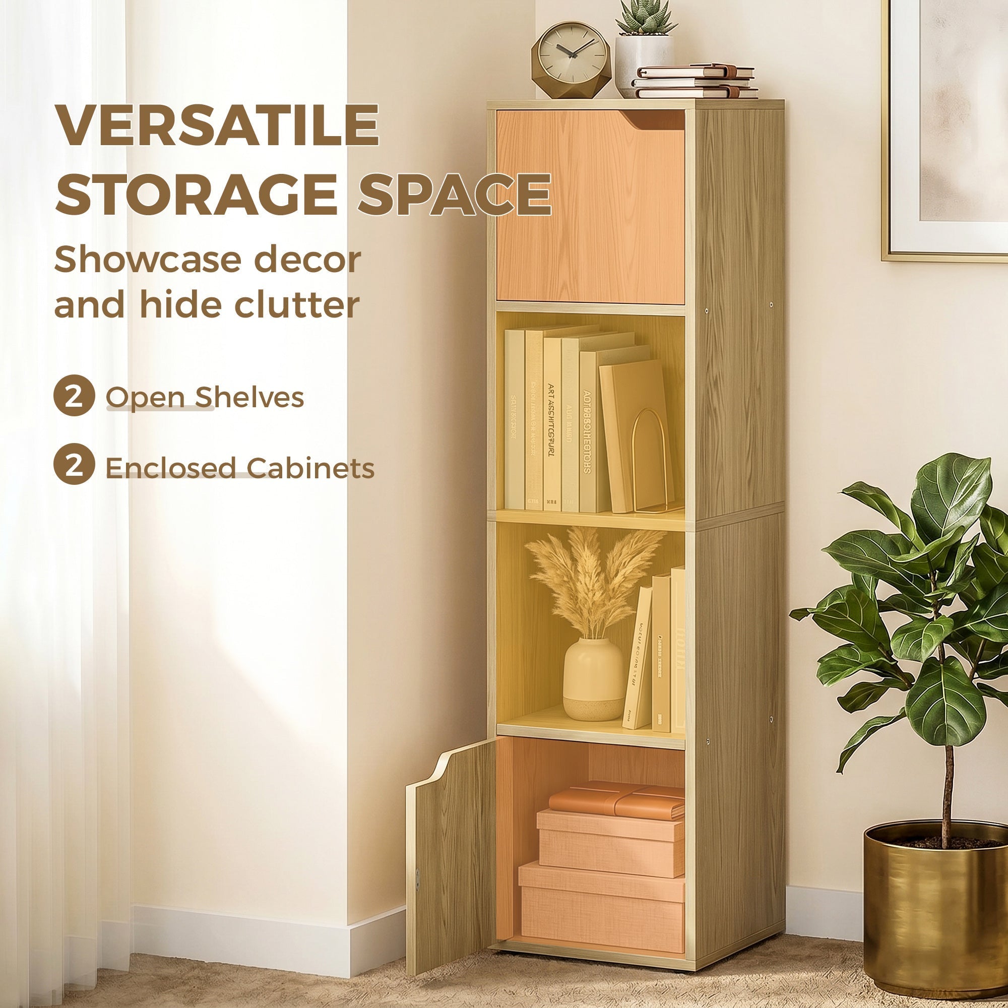 HOMCOM Narrow Bookcase, 4-Tier Bookshelf, Storage Cabinet with doors for Living Room, Bedroom, Oak