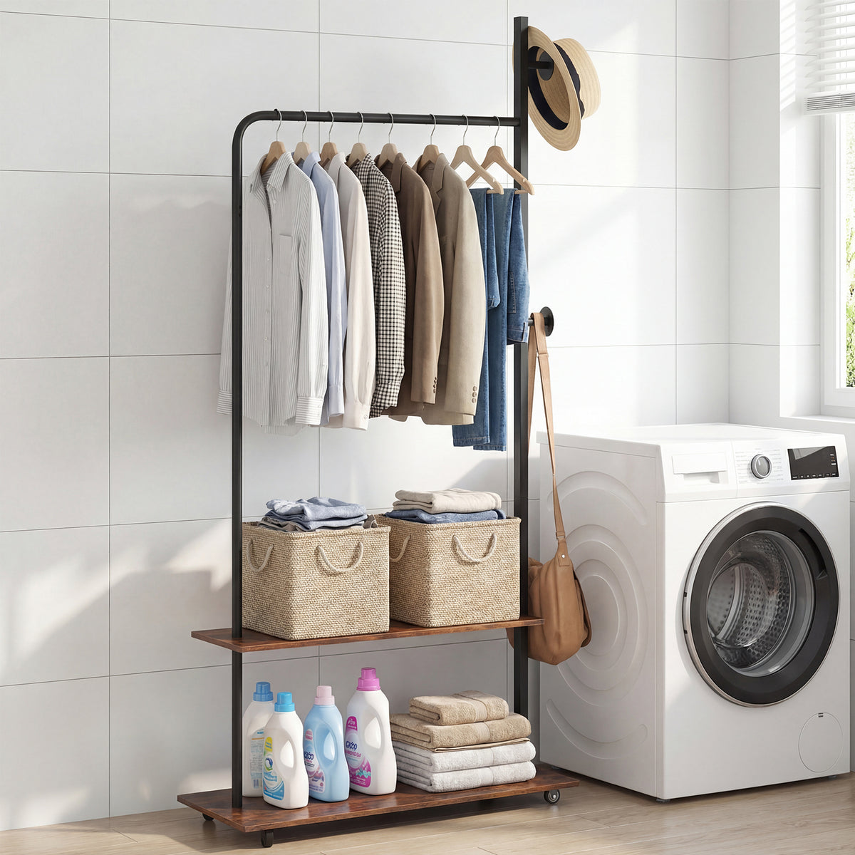 Freestanding Clothing Rack with Wheels and Hanging Rod-Rustic Brown