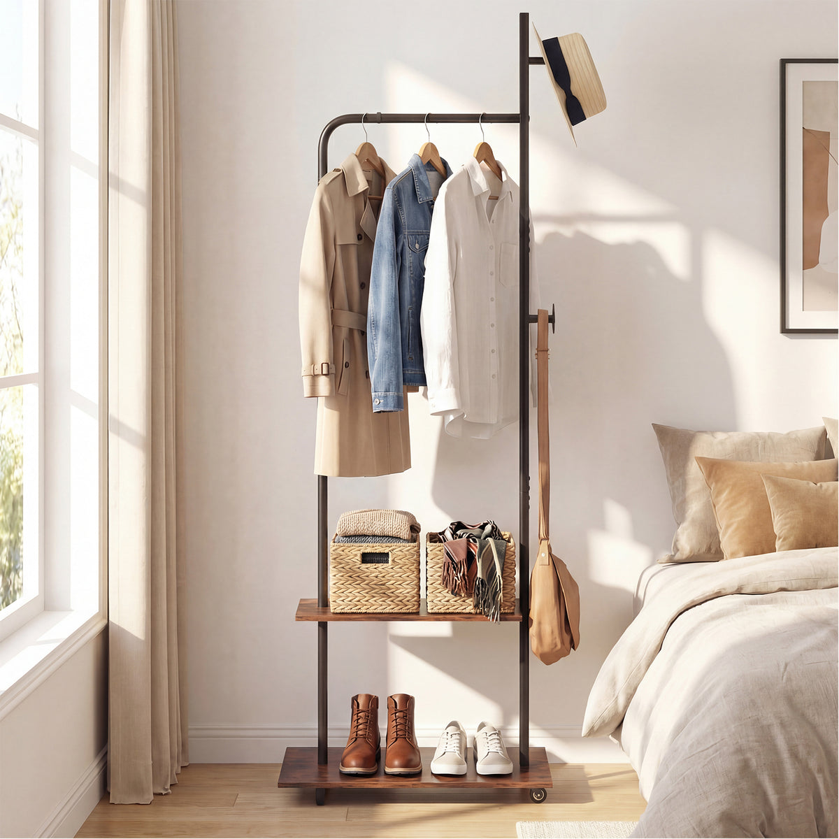 Freestanding Clothing Rack with Wheels and Hanging Rod-Rustic Brown