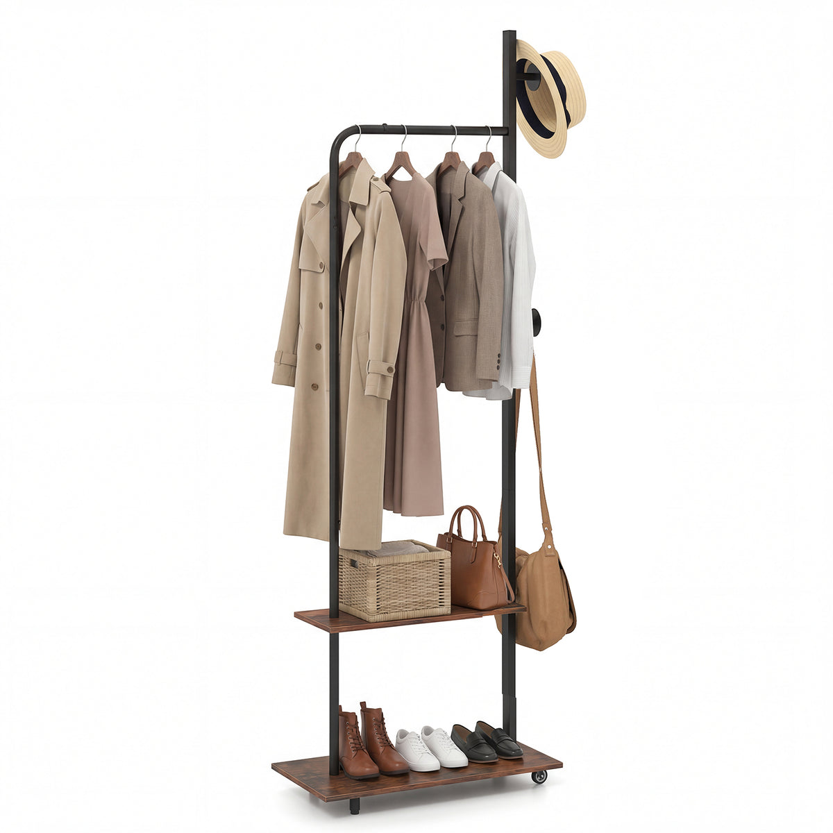 Freestanding Clothing Rack with Wheels and Hanging Rod-Rustic Brown