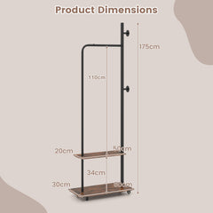 Freestanding Clothing Rack with Wheels and Hanging Rod-Rustic Brown