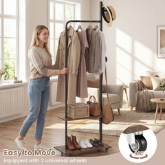 Freestanding Clothing Rack with Wheels and Hanging Rod-Rustic Brown