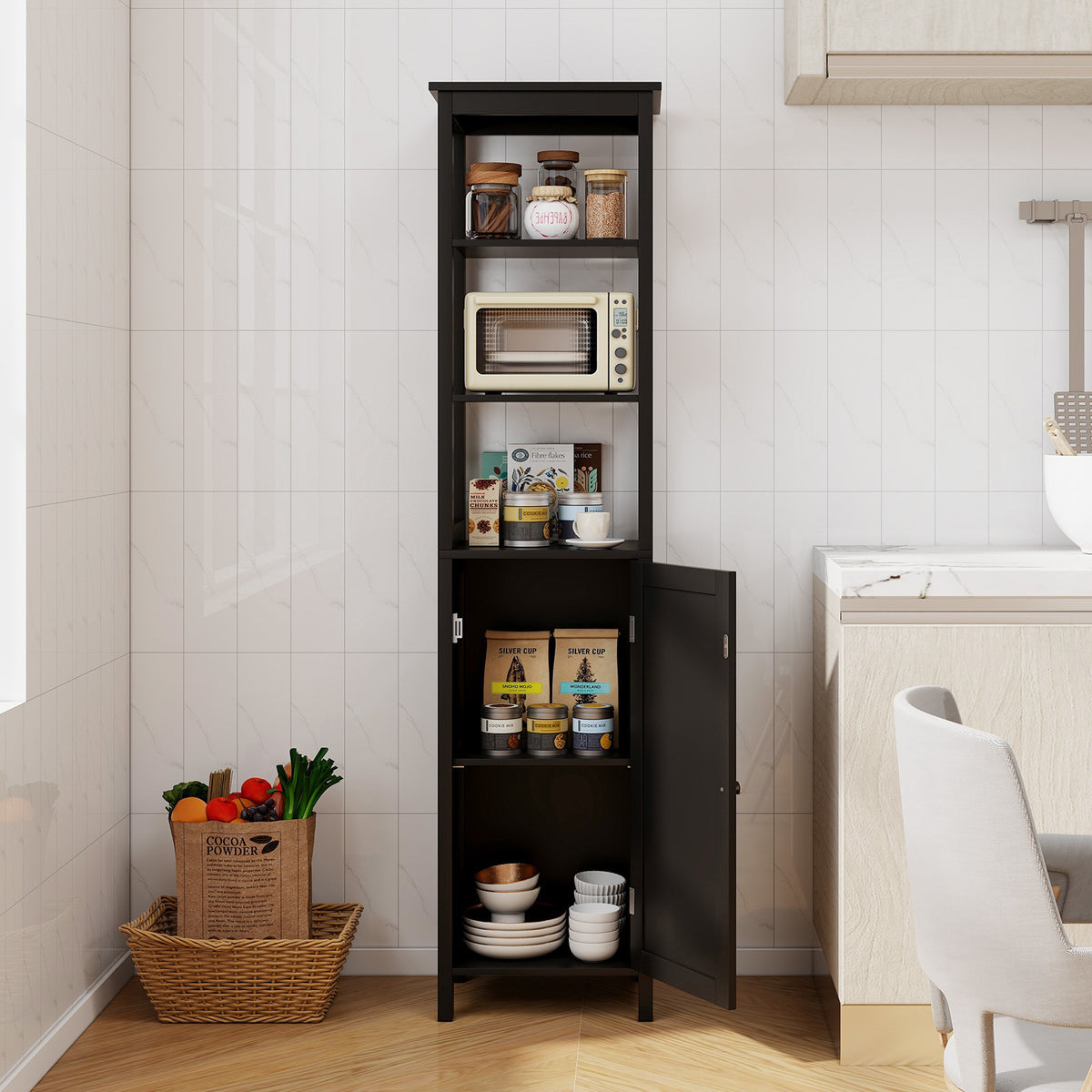 Freestanding Floor Cabinet with 3-Position Middle Panel and Anti-Toppling Mechanism-Black