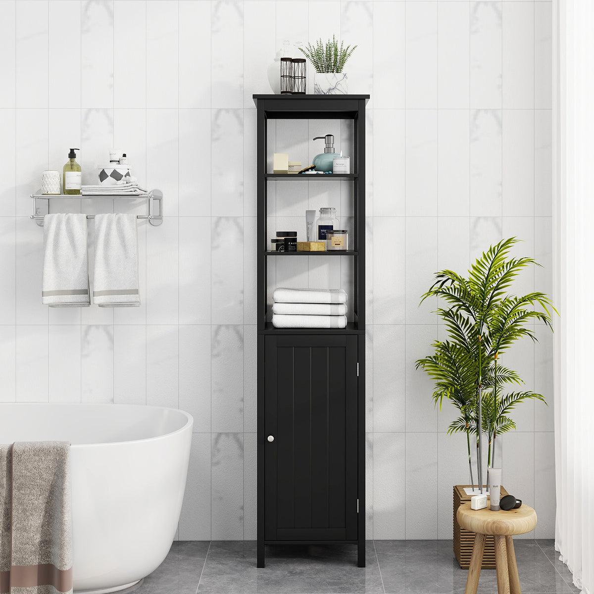 Freestanding Floor Cabinet with 3-Position Middle Panel and Anti-Toppling Mechanism-Black