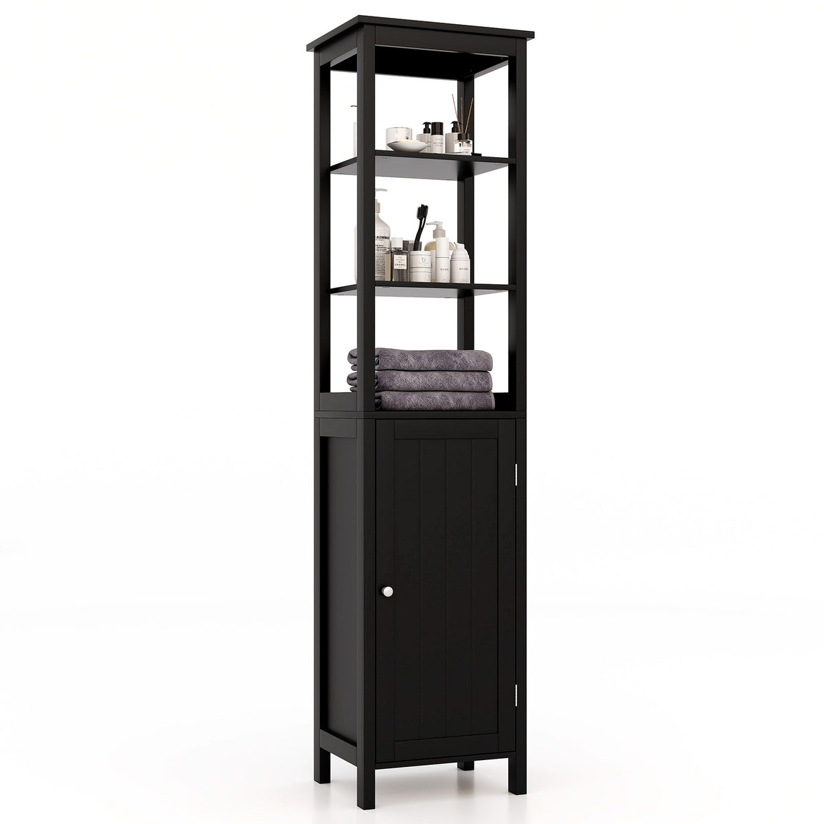Freestanding Floor Cabinet with 3-Position Middle Panel and Anti-Toppling Mechanism-Black