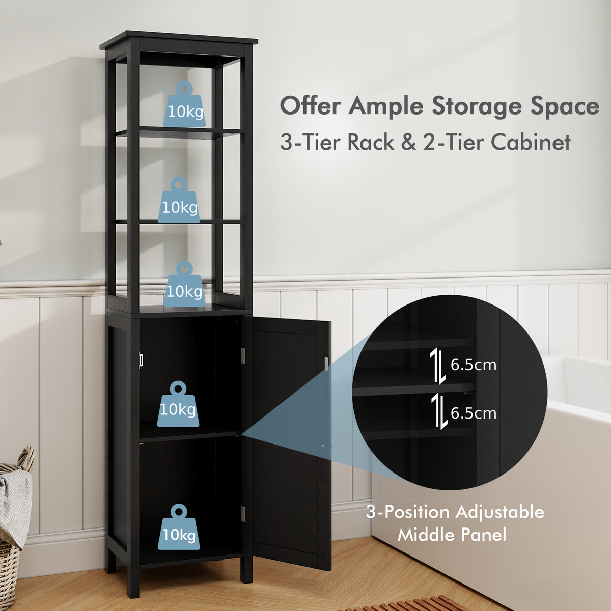 Freestanding Floor Cabinet with 3-Position Middle Panel and Anti-Toppling Mechanism-Black