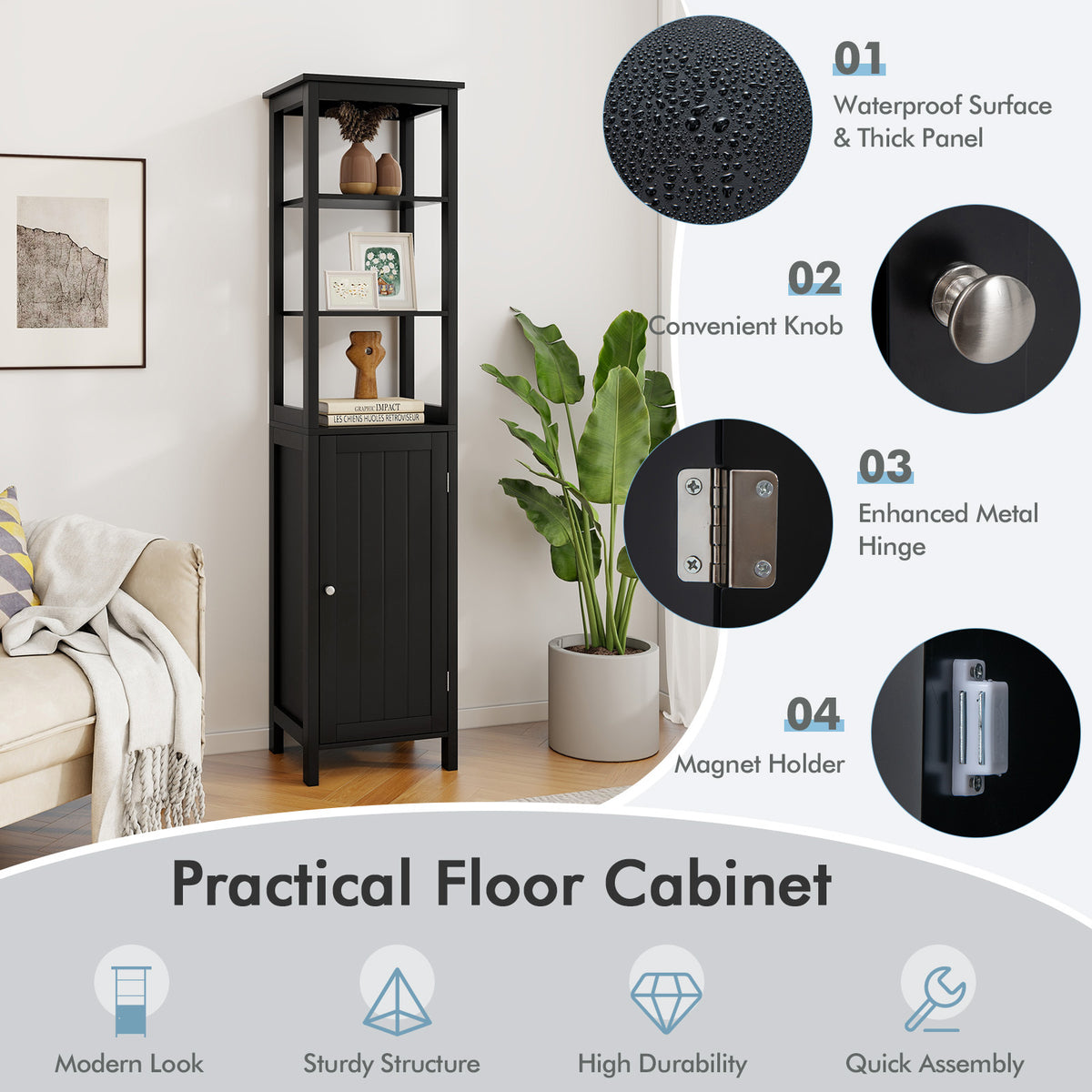 Freestanding Floor Cabinet with 3-Position Middle Panel and Anti-Toppling Mechanism-Black