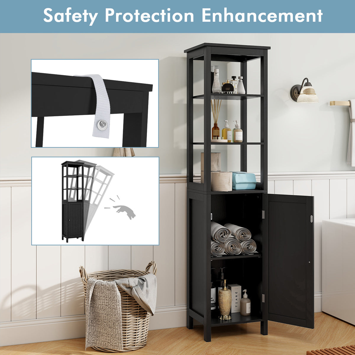 Freestanding Floor Cabinet with 3-Position Middle Panel and Anti-Toppling Mechanism-Black