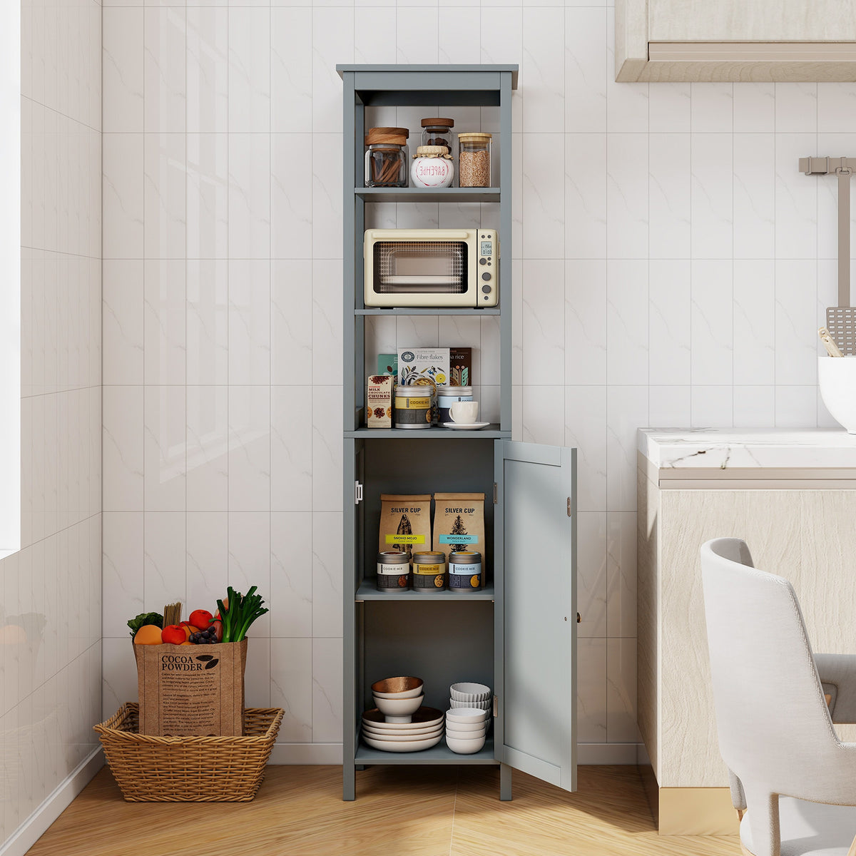 Freestanding Floor Cabinet with 3-Position Middle Panel and Anti-Toppling Mechanism-Grey