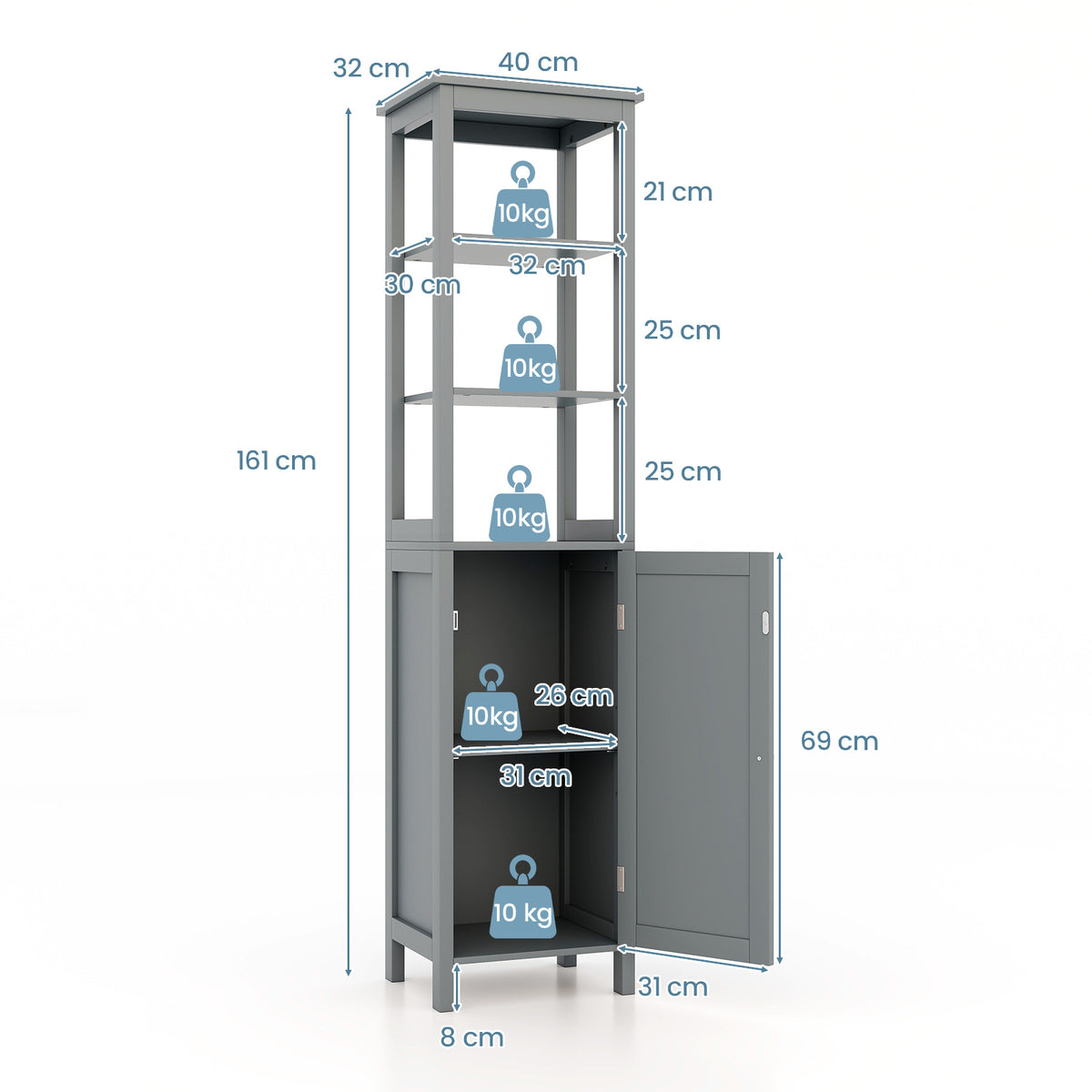 Freestanding Floor Cabinet with 3-Position Middle Panel and Anti-Toppling Mechanism-Grey