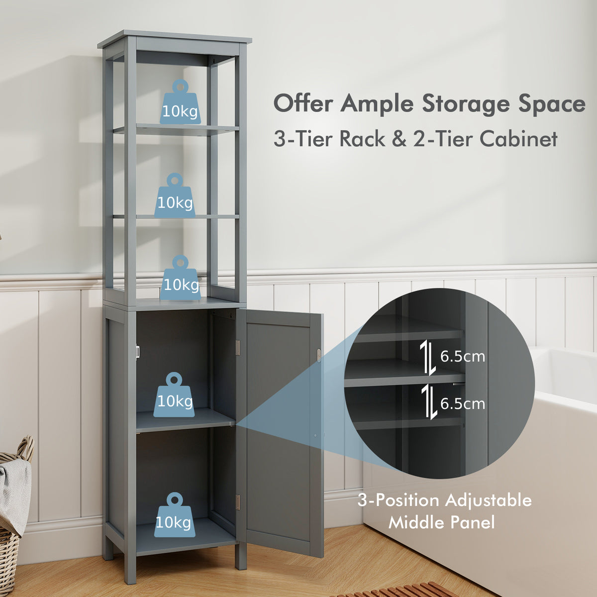 Freestanding Floor Cabinet with 3-Position Middle Panel and Anti-Toppling Mechanism-Grey