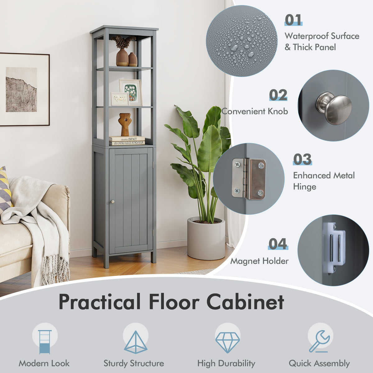 Freestanding Floor Cabinet with 3-Position Middle Panel and Anti-Toppling Mechanism-Grey