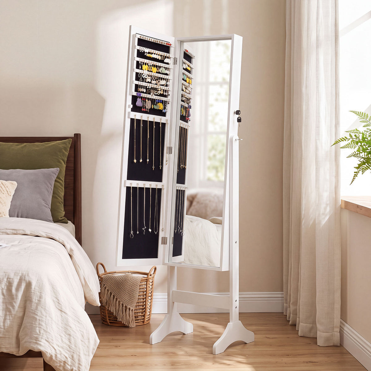 Freestanding Jewelry Armoire Cabinet with Full Length Mirror-White