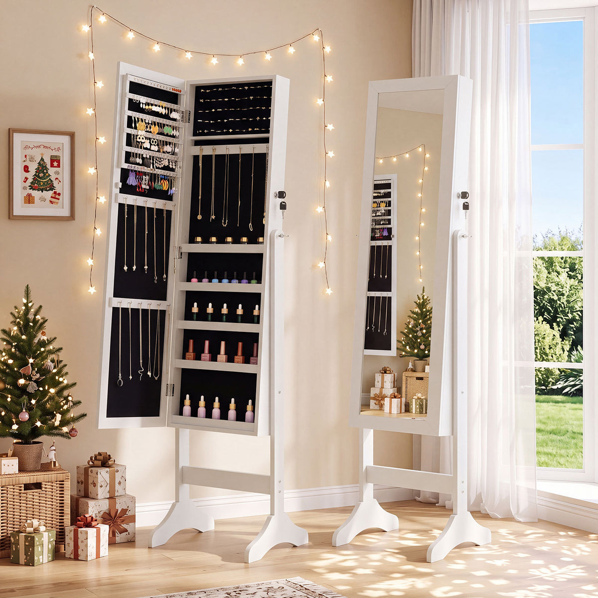 Freestanding Jewelry Armoire Cabinet with Full Length Mirror-White