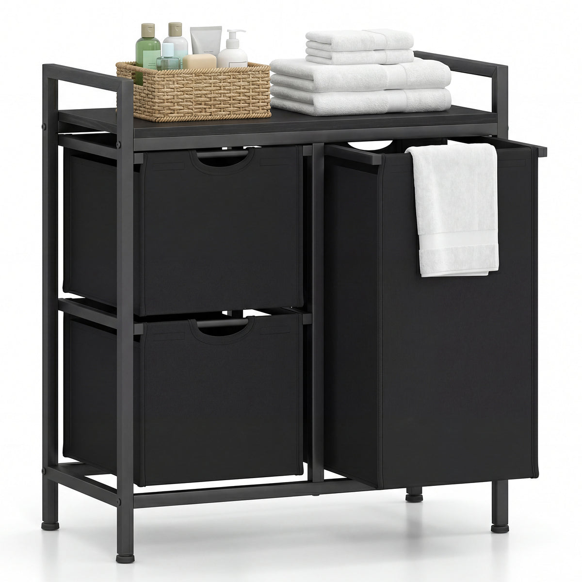 Freestanding Laundry Hamper Laundry Basket with 3 Pull-Out Bags-DarkBlack
