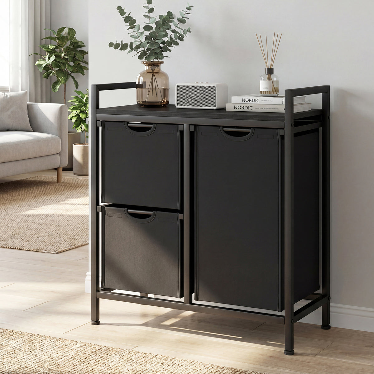 Freestanding Laundry Hamper Laundry Basket with 3 Pull-Out Bags-DarkBlack