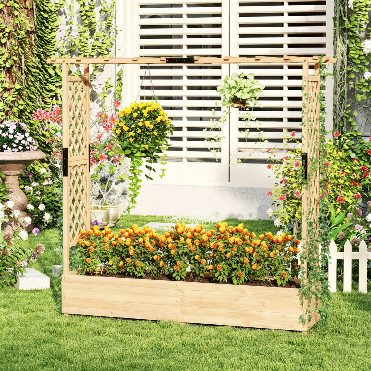 Freestanding Raised Garden Bed Planter Box Planter Box with Trellis-Natural