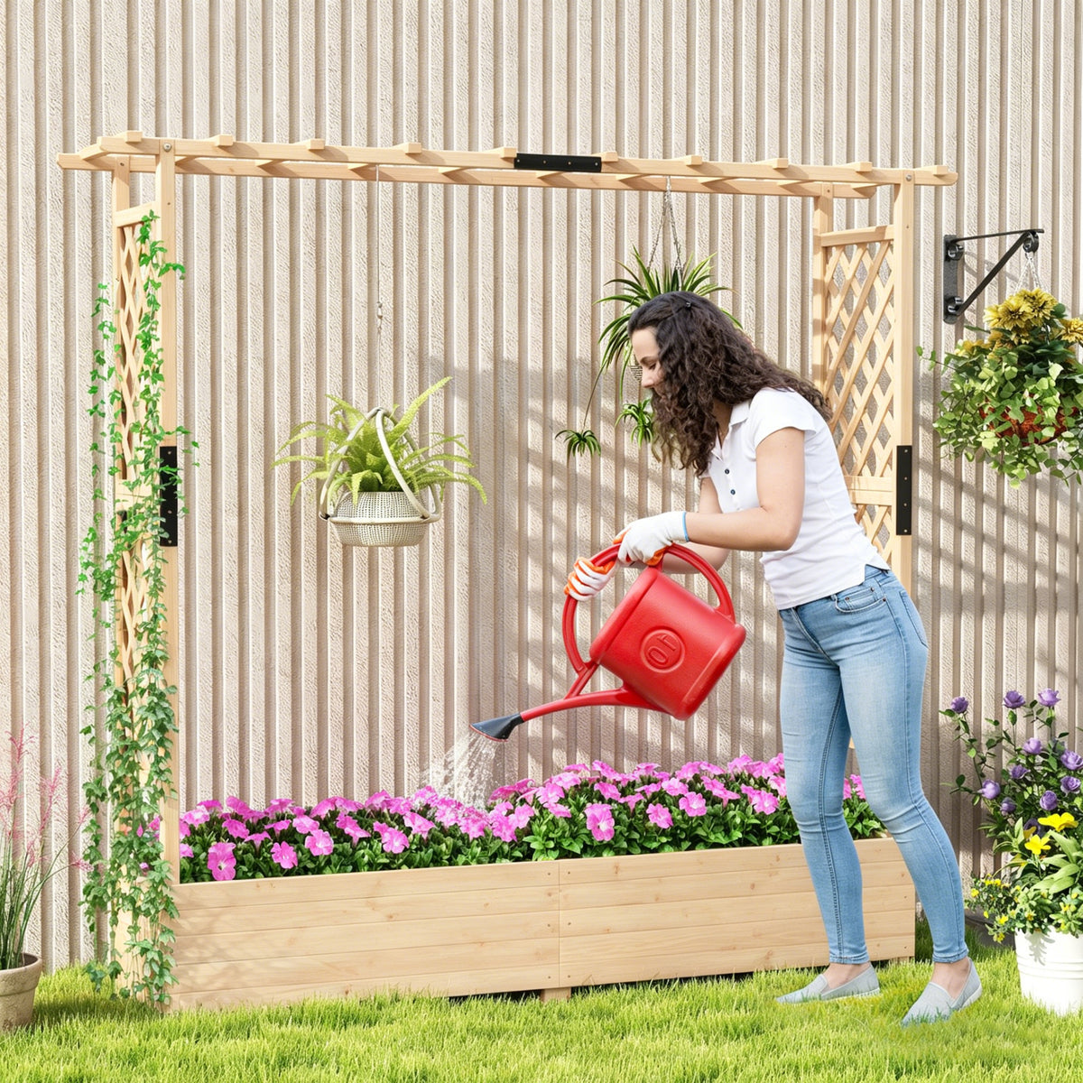 Freestanding Raised Garden Bed Planter Box Planter Box with Trellis-Natural