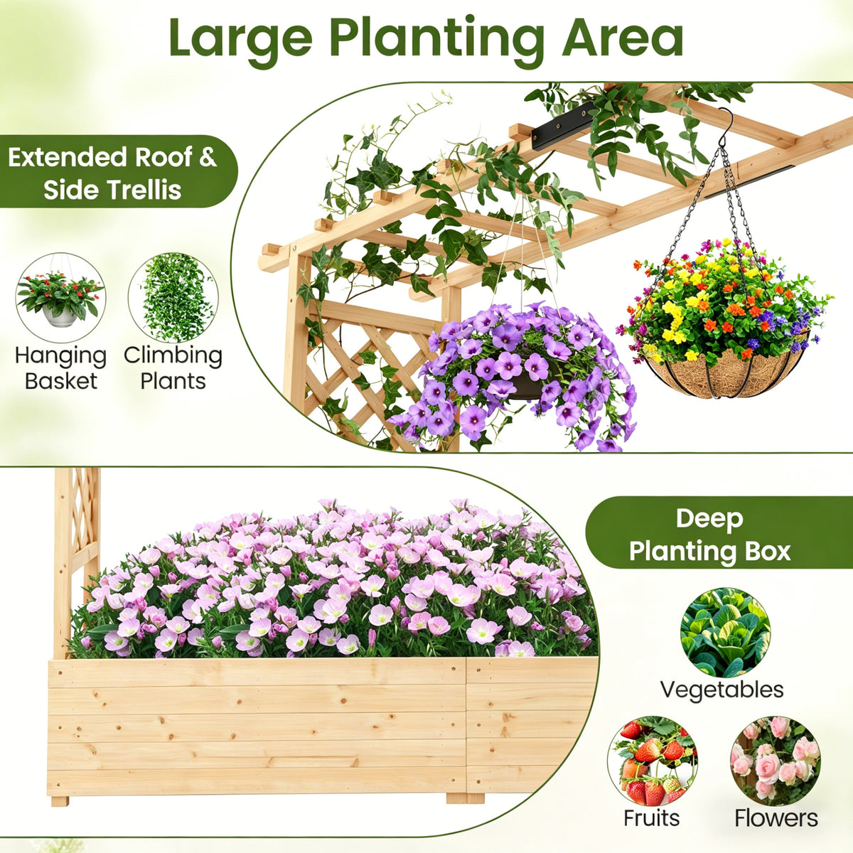 Freestanding Raised Garden Bed Planter Box Planter Box with Trellis-Natural