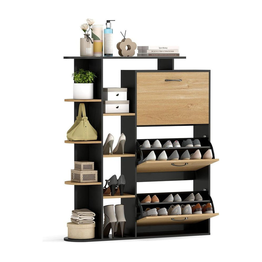 Freestanding Shoe Organizer with 3 flip drawers and 8 adjustable shelves in black and wood finish