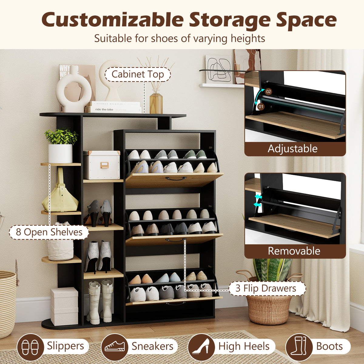 Freestanding Shoe Organizer with 3 Flip Drawers and 8 Adjustable Drawer Shelves-Black