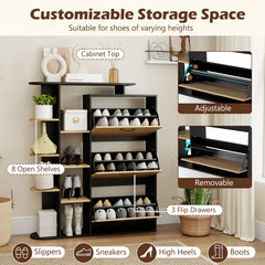 Freestanding Shoe Organizer with 3 Flip Drawers and 8 Adjustable Drawer Shelves-Black