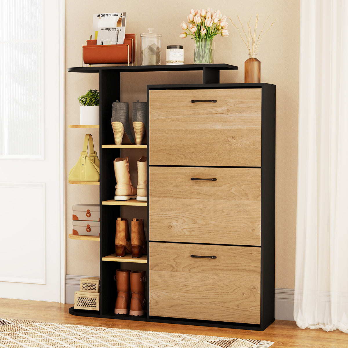 Freestanding Shoe Organizer with 3 Flip Drawers and 8 Adjustable Drawer Shelves-Black