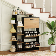 Freestanding Shoe Organizer with 3 Flip Drawers and 8 Adjustable Drawer Shelves-Black